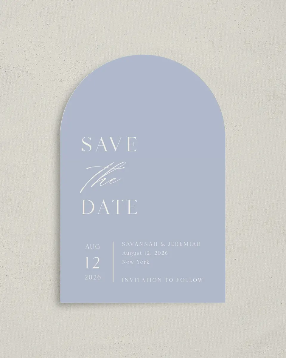 This is a 4" x 6" Arch Save the Dates (Petite) called The Savannah printed in full color on Luxe Satin paper