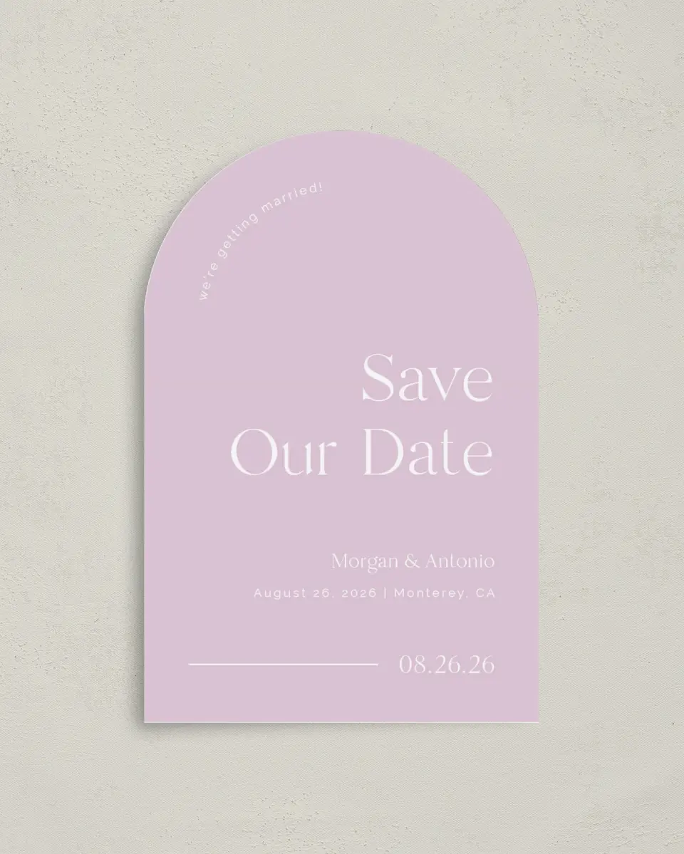 This is a 4" x 6" Arch Save the Dates (Petite) called The Morgan printed in full color with Gold foil on Luxe Satin paper