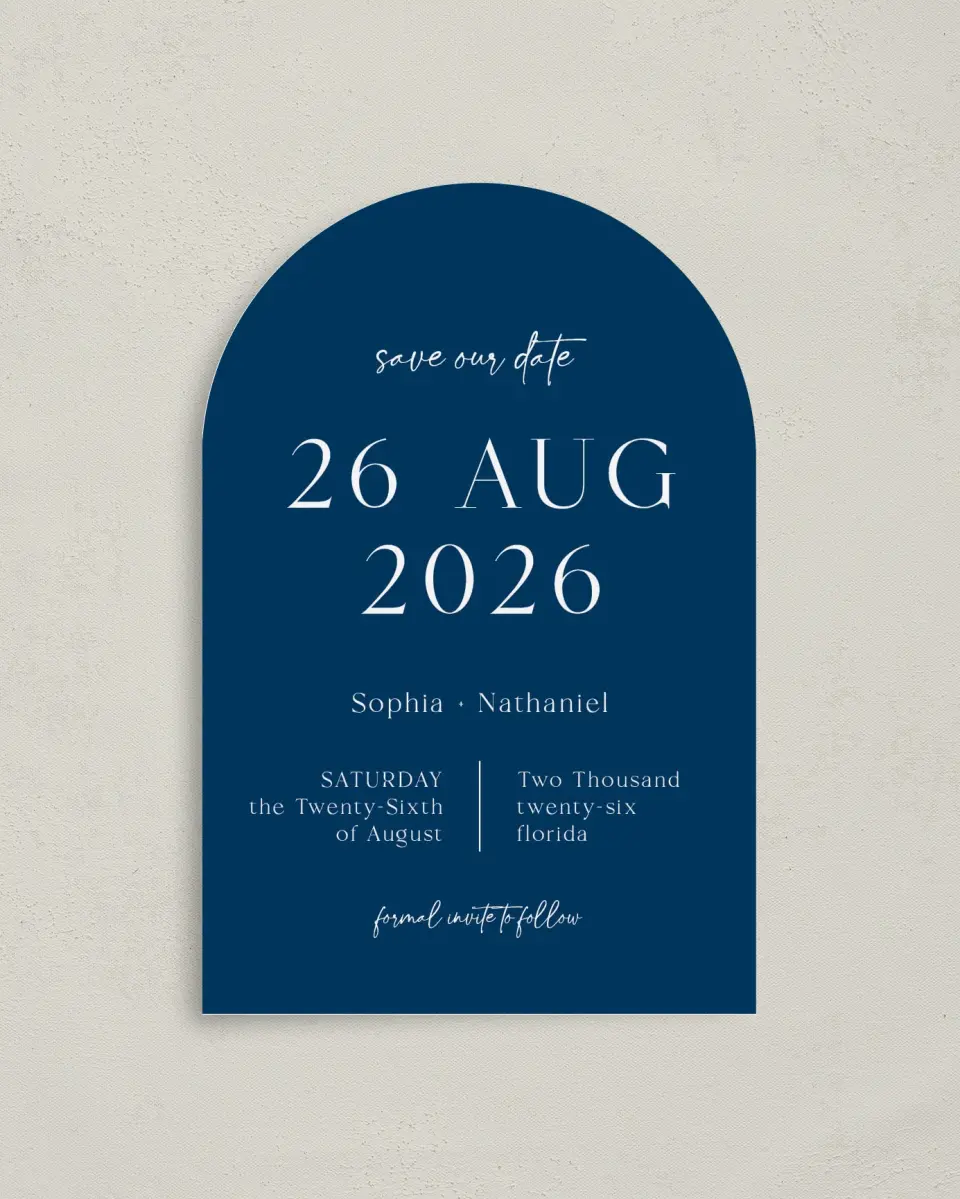 This is a 4" x 6" Arch Save the Dates (Petite) called The Sophia printed in full color on Luxe Satin paper