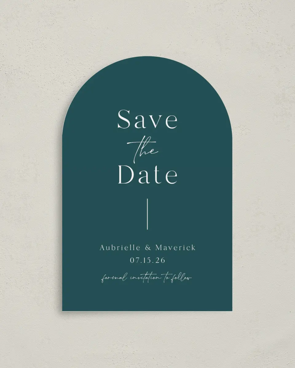 This is a 4" x 6" Arch Save the Dates (Petite) called The Aubrielle printed in full color on Luxe Satin paper