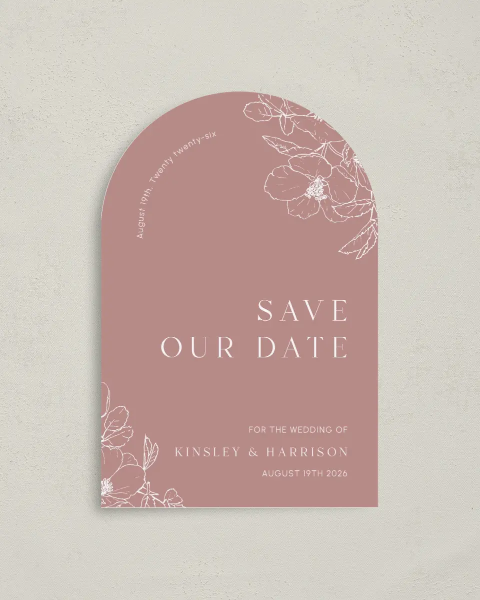 This is a 4" x 6" Arch Save the Dates (Petite) called The Kinsley printed in full color on Luxe Satin paper