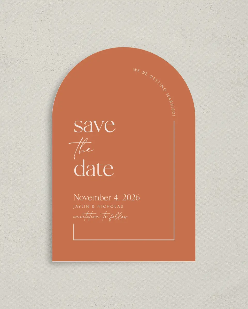 This is a 4" x 6" Arch Save the Dates (Petite) called The Jaylin printed in full color on Luxe Satin paper