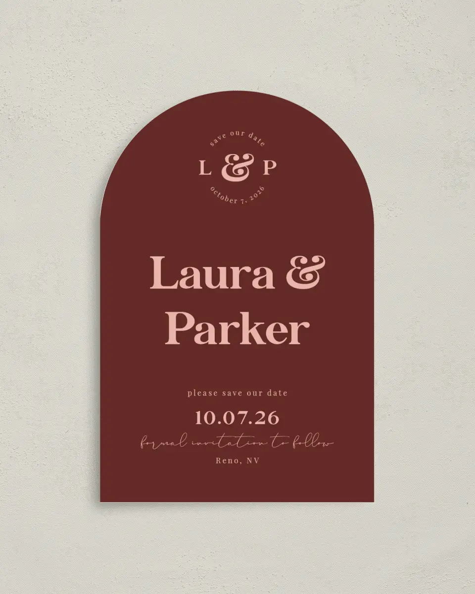 This is a 4" x 6" Arch Save the Dates (Petite) called The Laura printed in full color on Luxe Satin paper