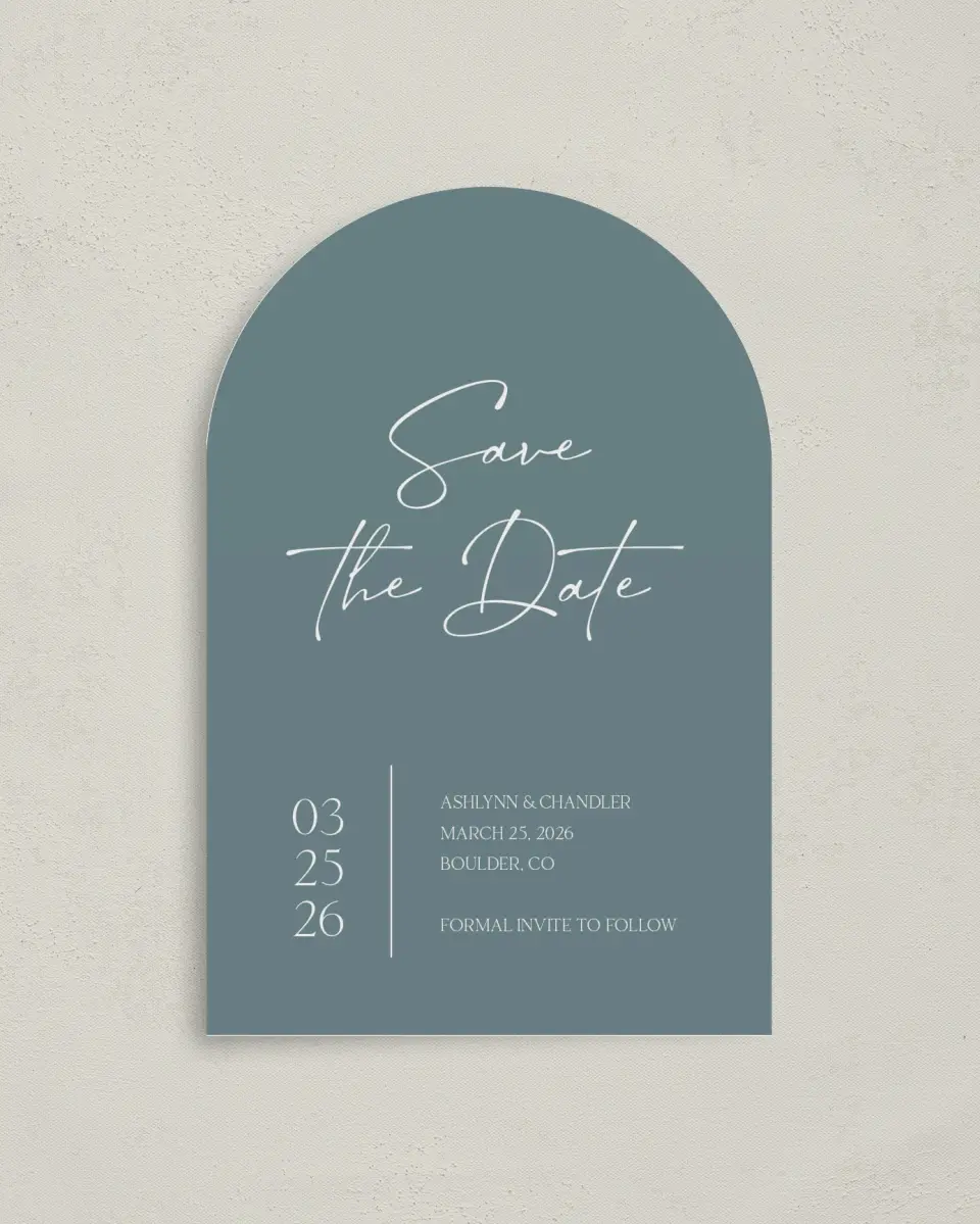 This is a 4" x 6" Arch Save the Dates (Petite) called The Ashlynn printed in full color on Luxe Satin paper