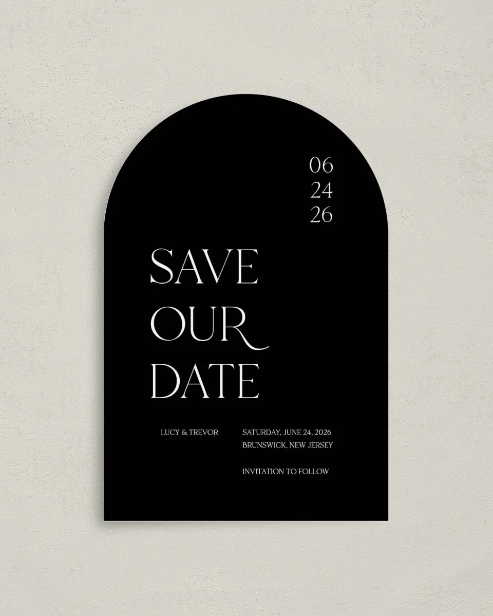 This is a 4" x 6" Arch Save the Dates (Petite) called The Lucy printed in full color on Luxe Satin paper