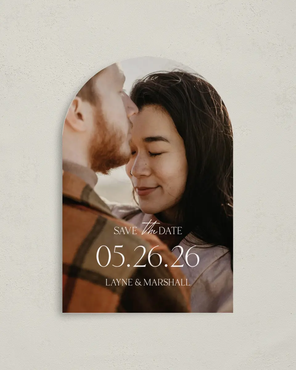 This is a 4" x 6" Arch Save the Dates (Petite) called Loves Lane printed in full color on Luxe Satin paper
