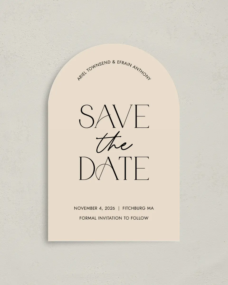 This is a 4" x 6" Arch Save the Dates (Petite) called Wild Love printed in full color on Luxe Satin paper