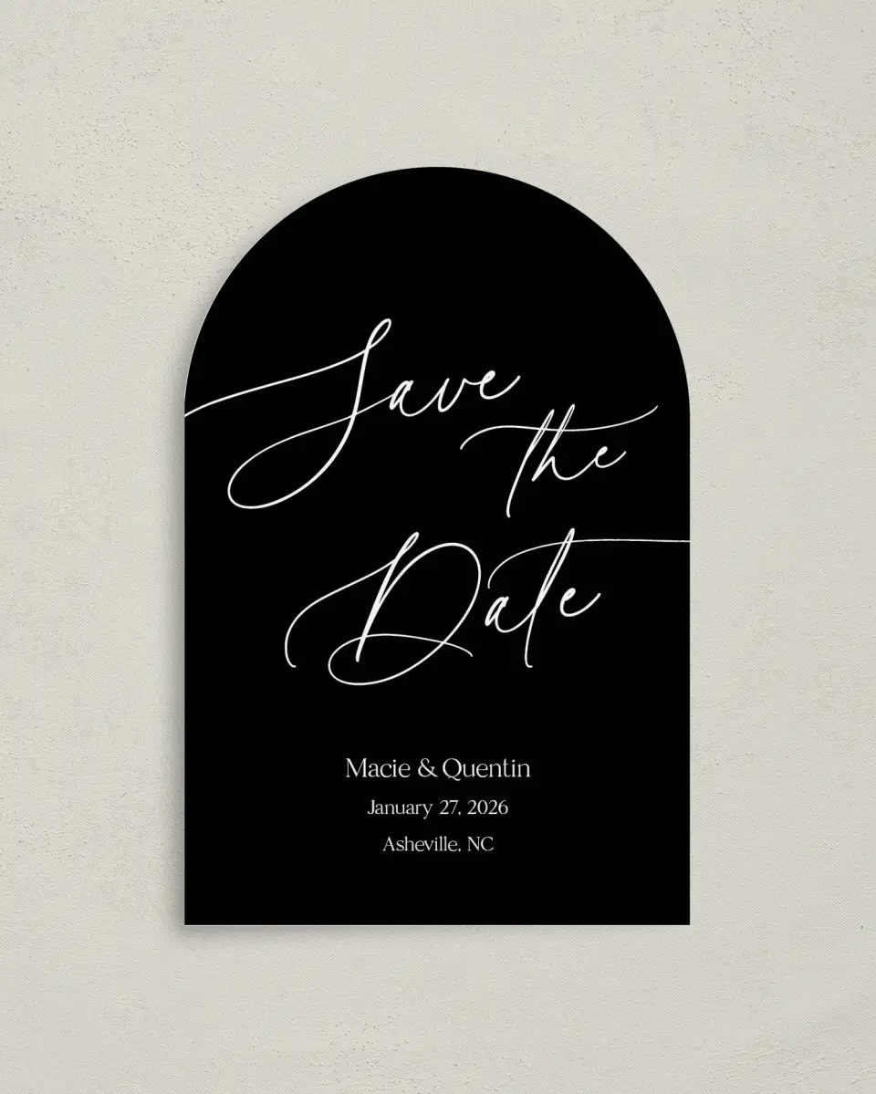 This is a 4" x 6" Arch Save the Dates (Petite) called Impressive Mount printed in full color on Luxe Satin paper