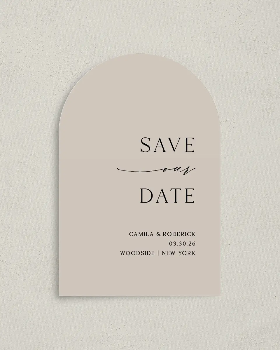 This is a 4" x 6" Arch Save the Dates (Petite) called Simple Elegance printed in full color on Luxe Satin paper