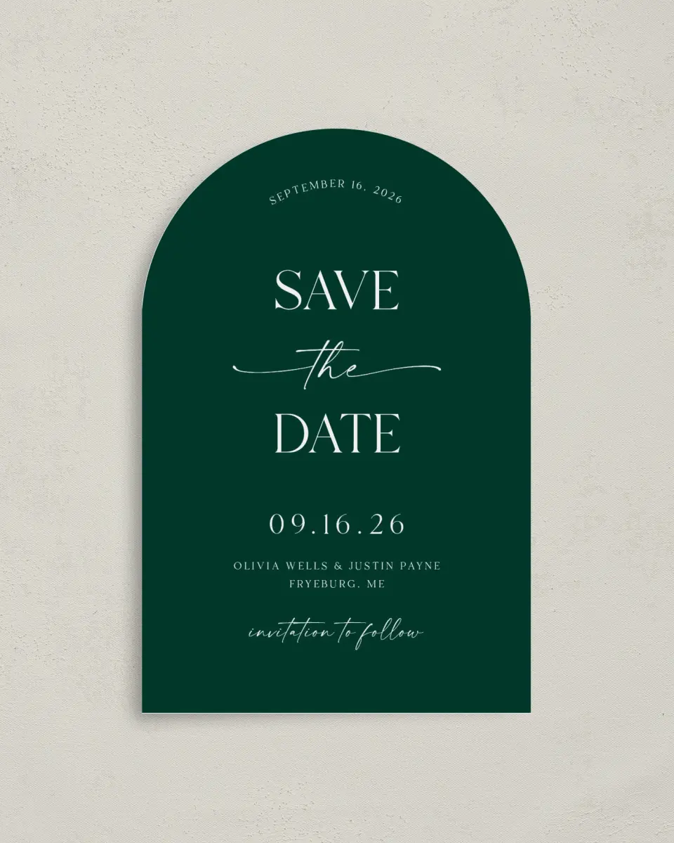 This is a 4" x 6" Arch Save the Dates (Petite) called The Olivia printed in full color with Gold foil on Luxe Satin paper