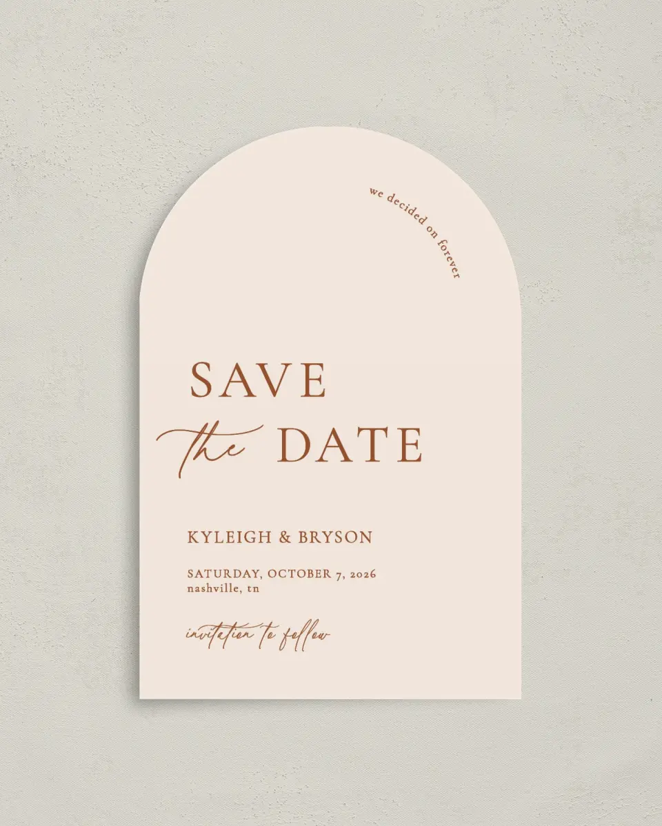 This is a 4" x 6" Arch Save the Dates (Petite) called The Kyleigh printed in full color on Luxe Satin paper