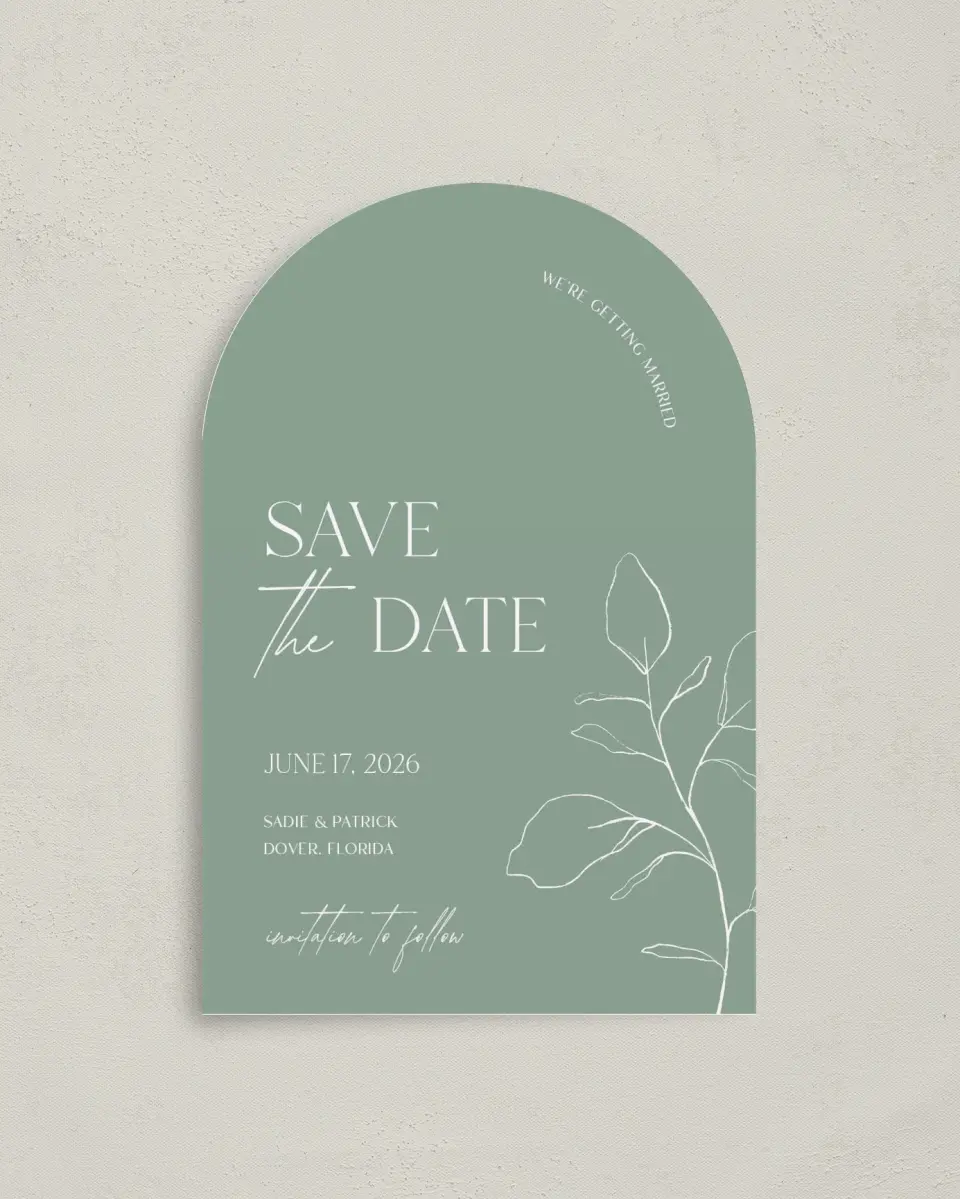 This is a 4" x 6" Arch Save the Dates (Petite) called The Sadie printed in full color on Luxe Satin paper