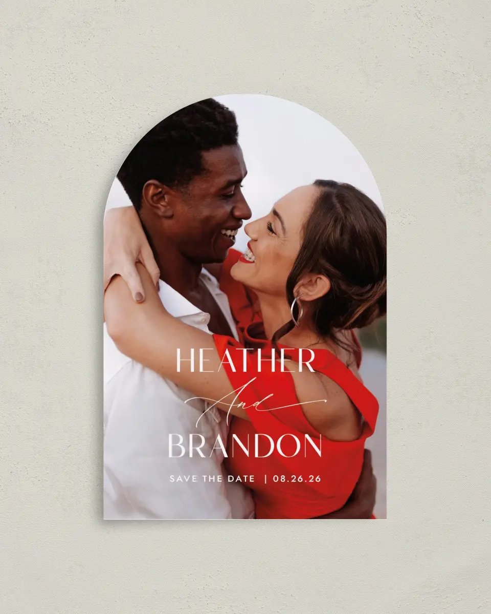 This is a 4" x 6" Arch Save the Dates (Petite) called Neat Names printed in full color on Luxe Satin paper