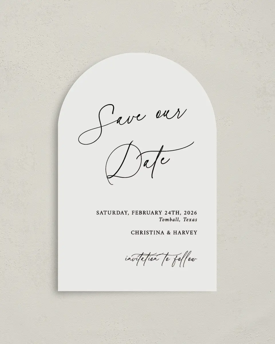 This is a 4" x 6" Arch Save the Dates (Petite) called The Christina printed in full color with Gold foil on Luxe Satin paper
