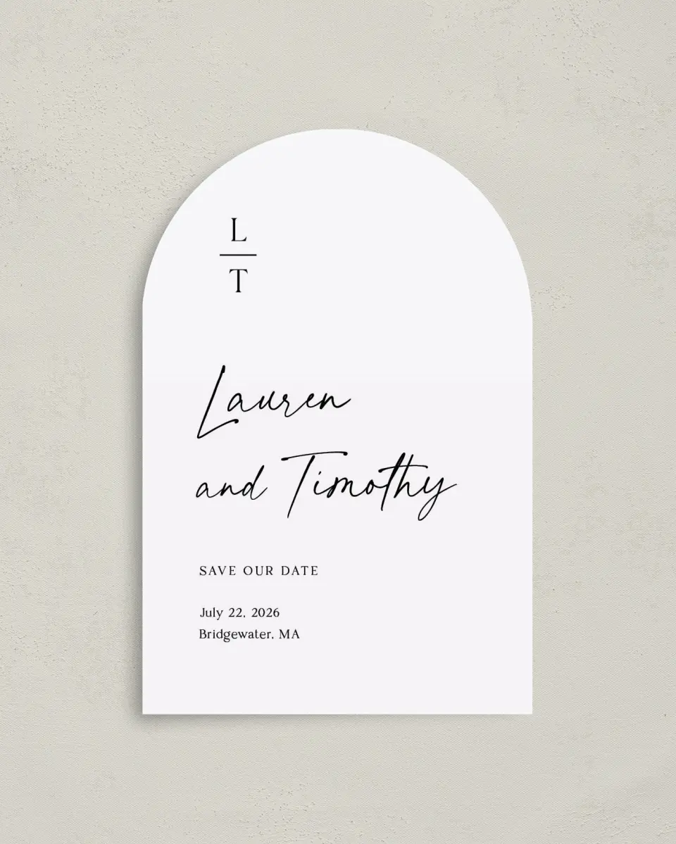 This is a 4" x 6" Arch Save the Dates (Petite) called The Lauren printed in full color on Luxe Satin paper