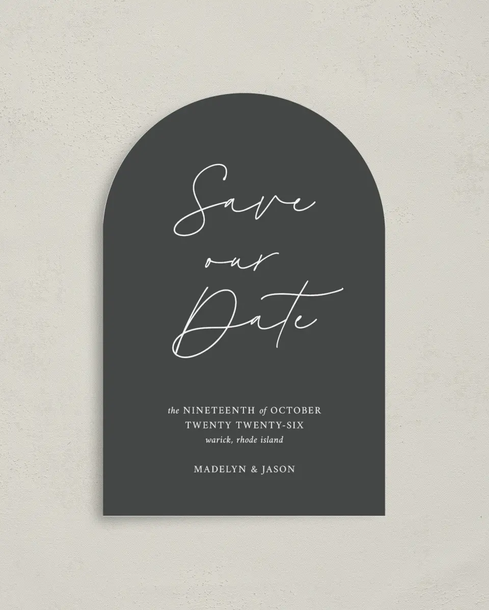 This is a 4" x 6" Arch Save the Dates (Petite) called The Madelyn printed in full color with Gold foil on Luxe Satin paper