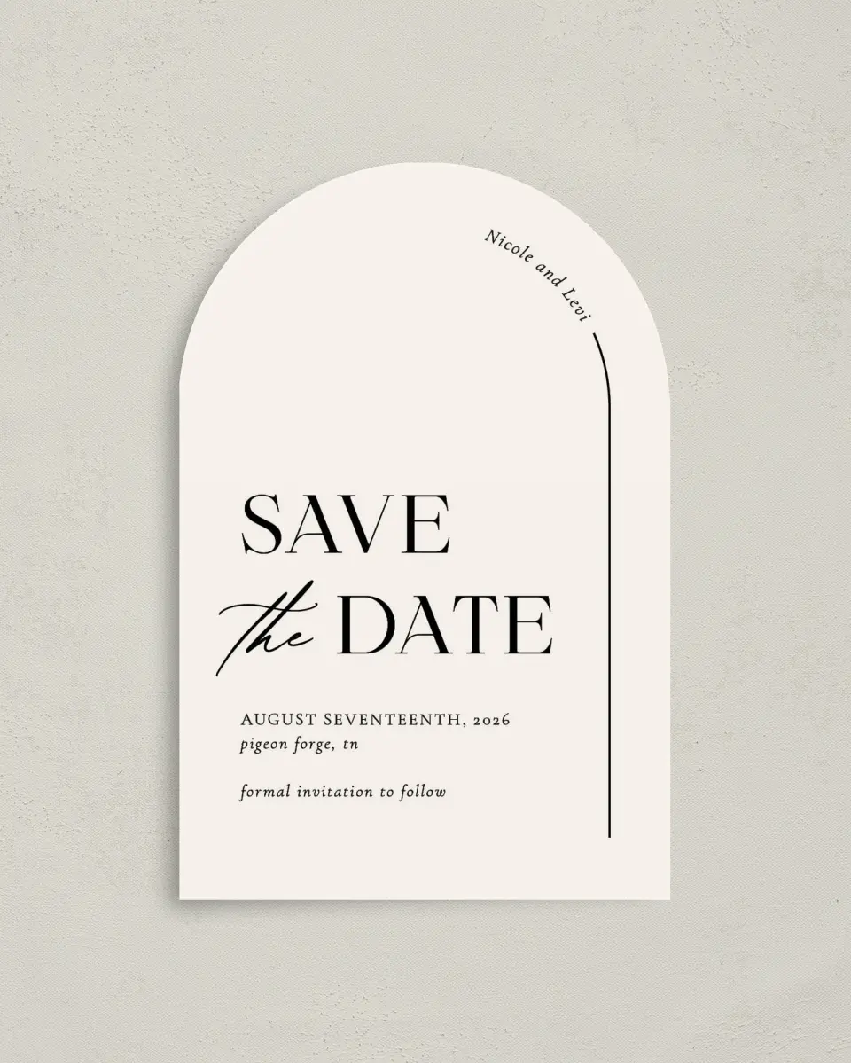 This is a 4" x 6" Arch Save the Dates (Petite) called The Nicole printed in full color on Luxe Satin paper