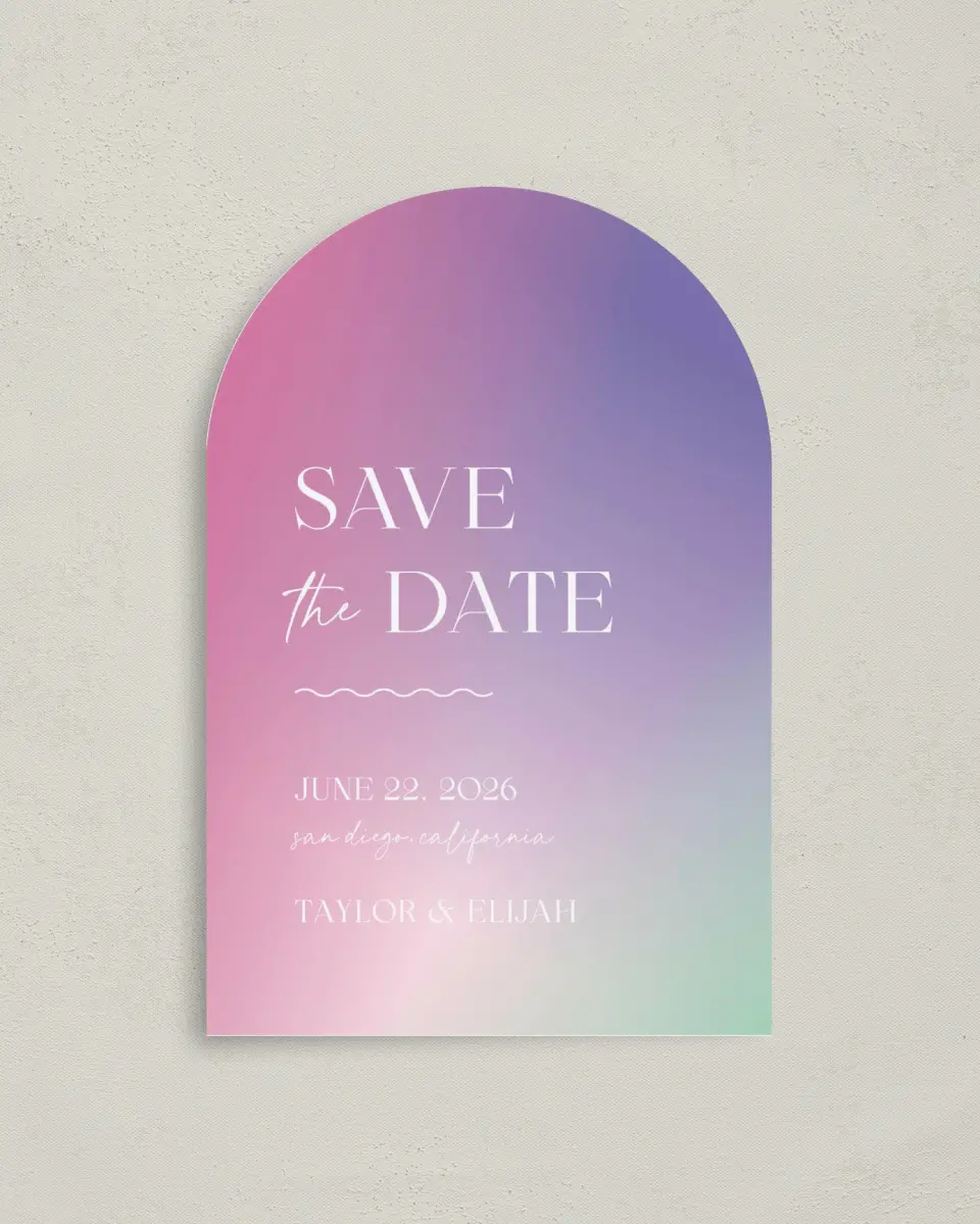 This is a 4" x 6" Arch Save the Dates (Petite) called The Taylor printed in full color on Luxe Satin paper