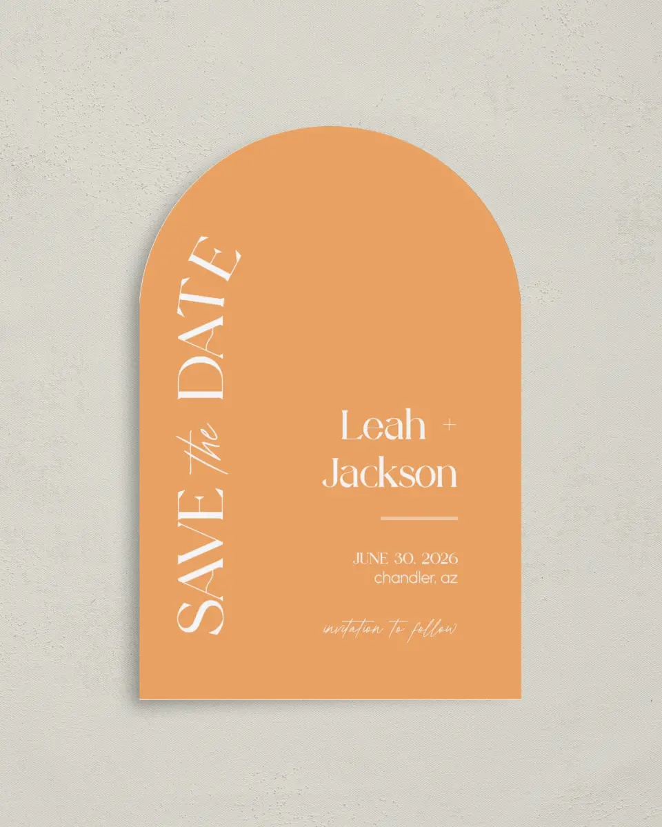 This is a 4" x 6" Arch Save the Dates (Petite) called The Leah printed in full color on Luxe Satin paper