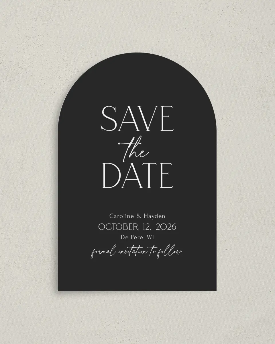 This is a 4" x 6" Arch Save the Dates (Petite) called The Caroline printed in full color on Luxe Satin paper