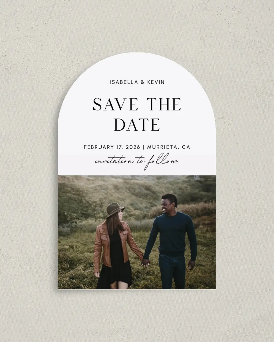 This is a 4" x 6" Arch Save the Dates (Petite) called The Isabella printed in full color on Luxe Satin paper
