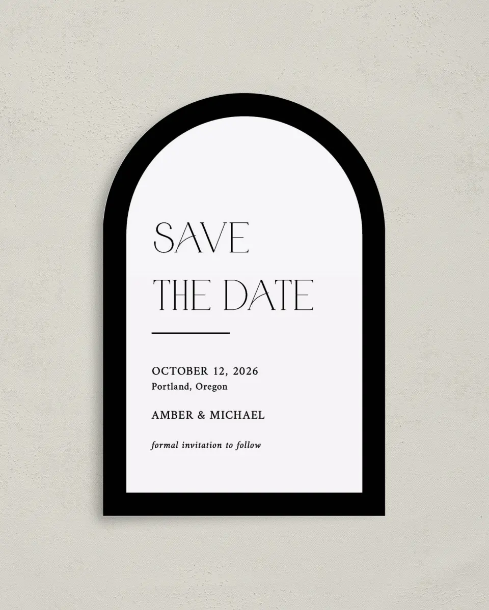 This is a 4" x 6" Arch Save the Dates (Petite) called The Amber printed in full color on Luxe Satin paper