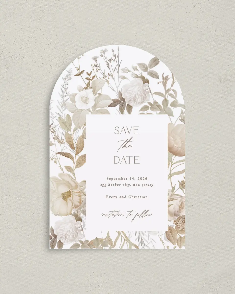 This is a 4" x 6" Arch Save the Dates (Petite) called The Everly printed in full color with Gold foil on Luxe Satin paper