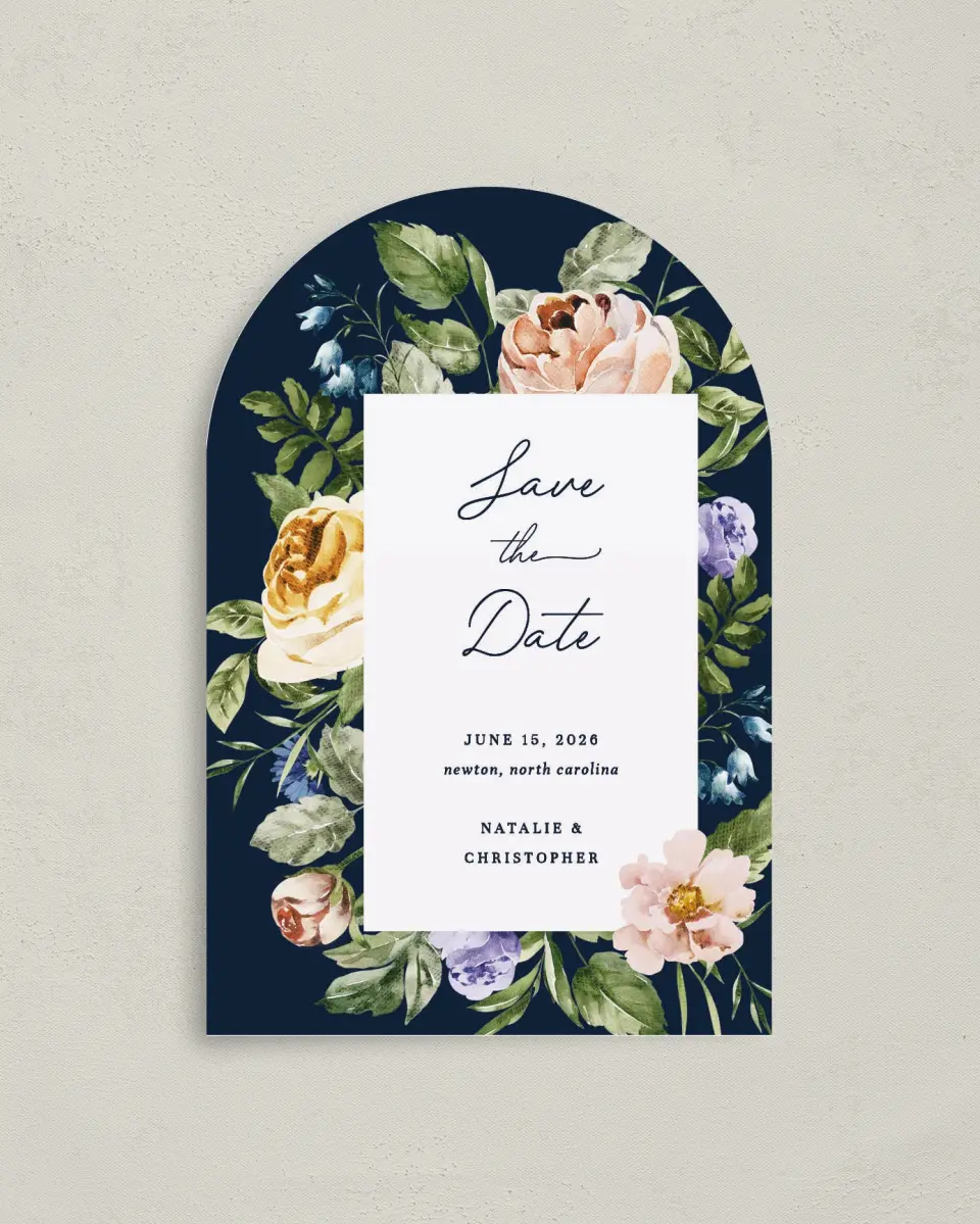 This is a 4" x 6" Arch Save the Dates (Petite) called The Natalie printed in full color on Luxe Satin paper