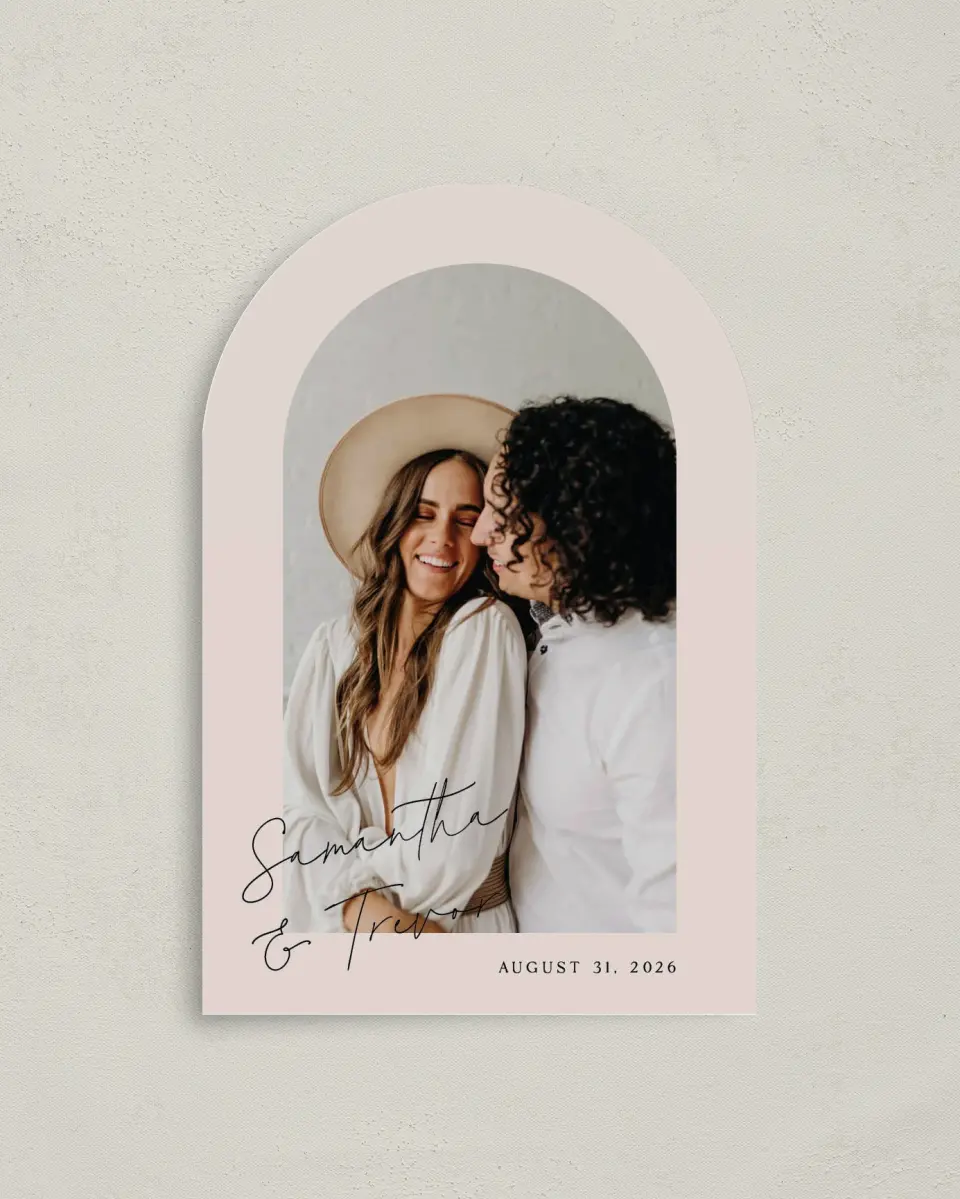 This is a 4" x 6" Arch Save the Dates (Petite) called The Samantha printed in full color with Gold foil on Luxe Satin paper