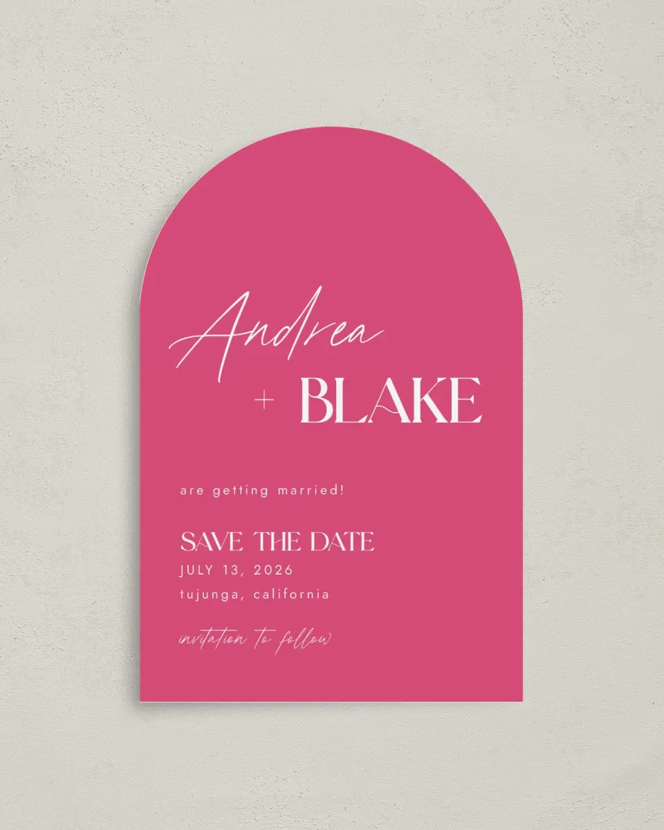 This is a 4" x 6" Arch Save the Dates (Petite) called The Andrea printed in full color on Luxe Satin paper