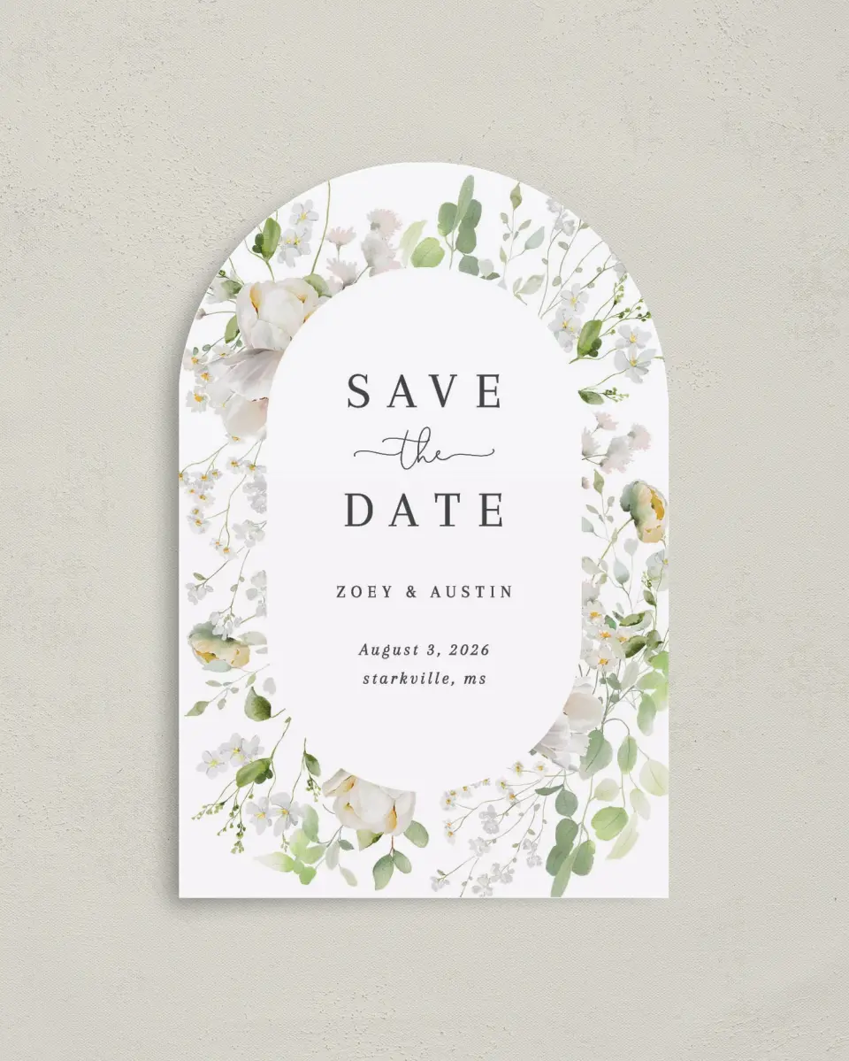 This is a 4" x 6" Arch Save the Dates (Petite) called The Zoey printed in full color on Luxe Satin paper
