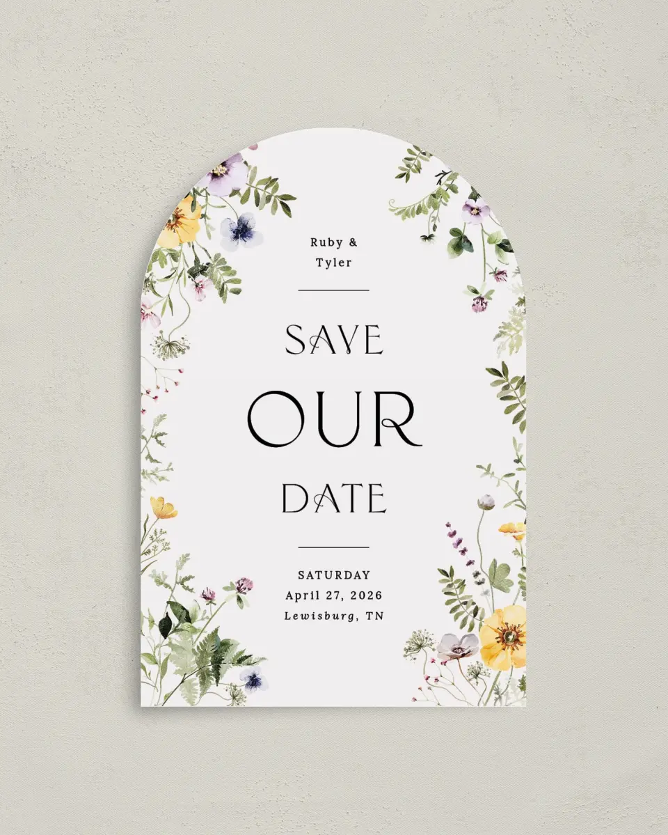 This is a 4" x 6" Arch Save the Dates (Petite) called The Ruby printed in full color with Gold foil on Luxe Satin paper