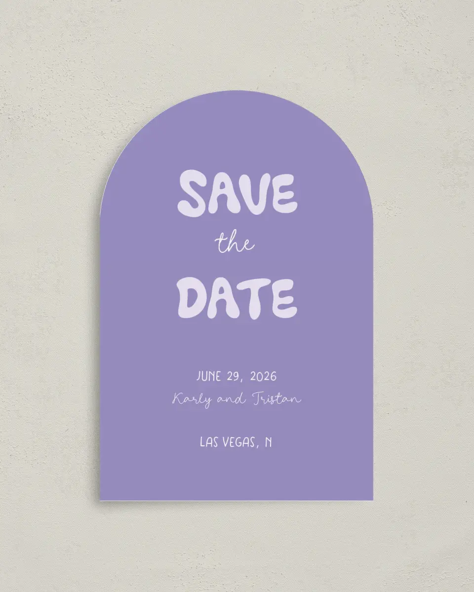 This is a 4" x 6" Arch Save the Dates (Petite) called The Karly printed in full color with Gold foil on Luxe Satin paper