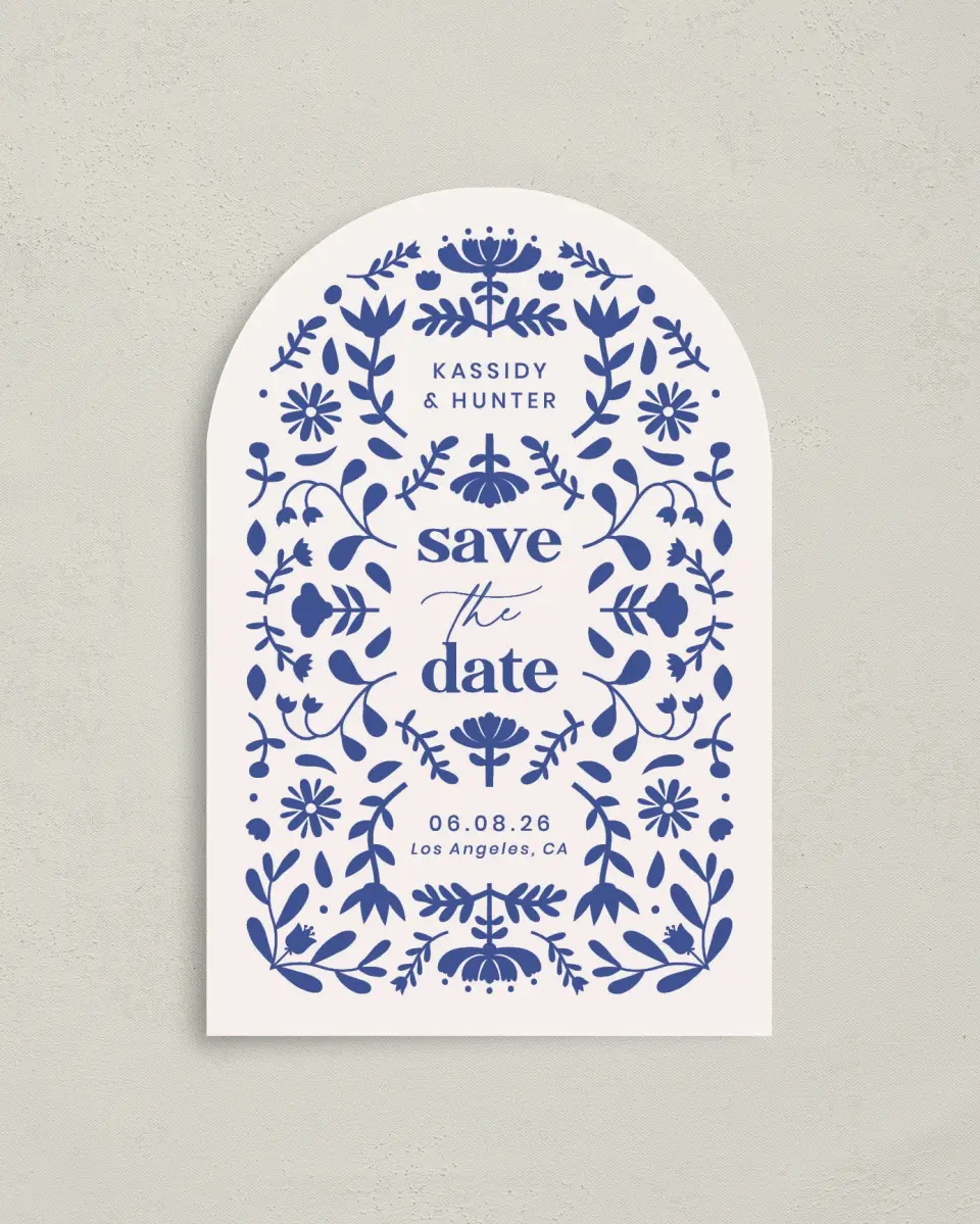 This is a 4" x 6" Arch Save the Dates (Petite) called The Kassidy printed in full color on Luxe Satin paper