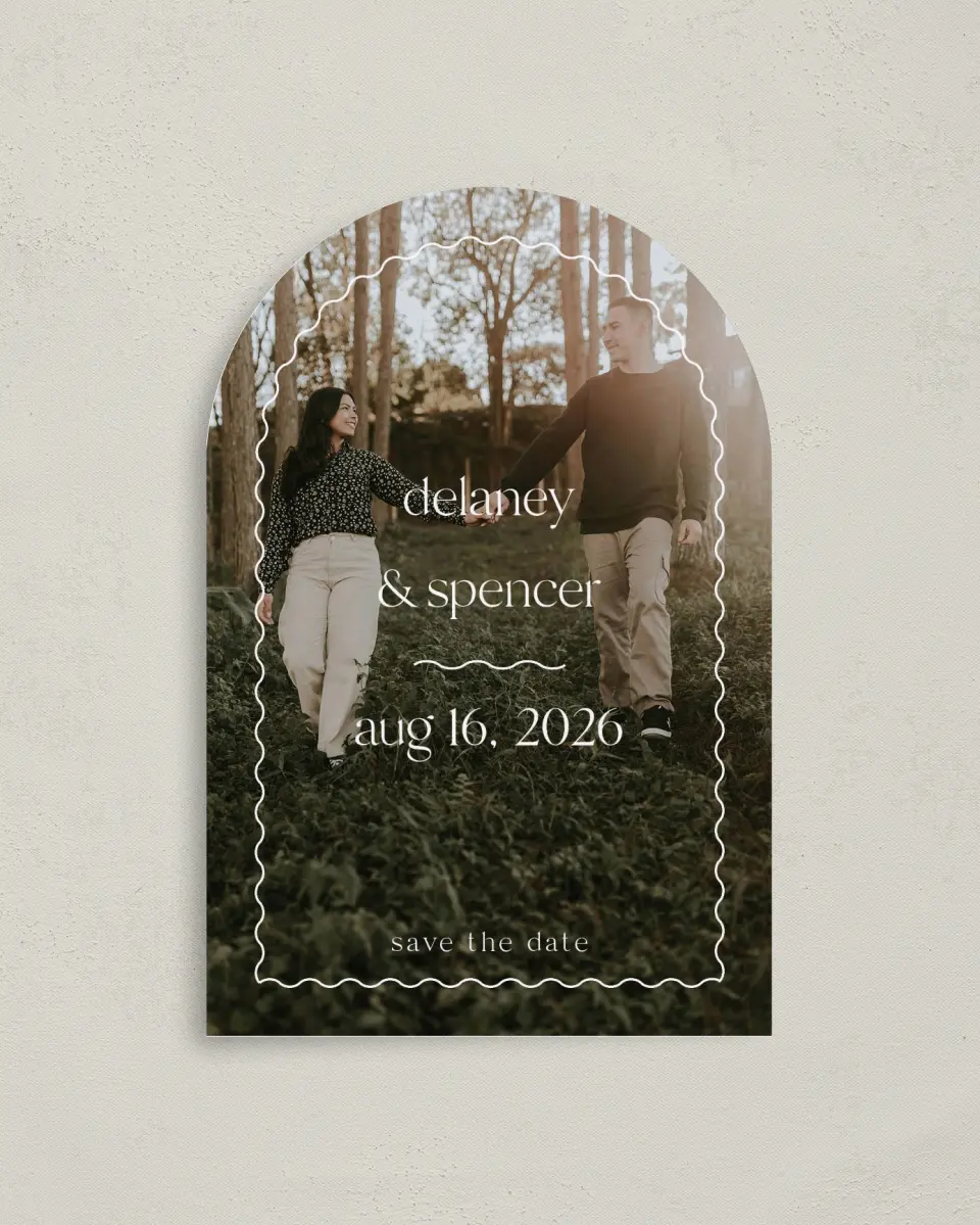 This is a 4" x 6" Arch Save the Dates (Petite) called The Delaney printed in full color on Luxe Satin paper