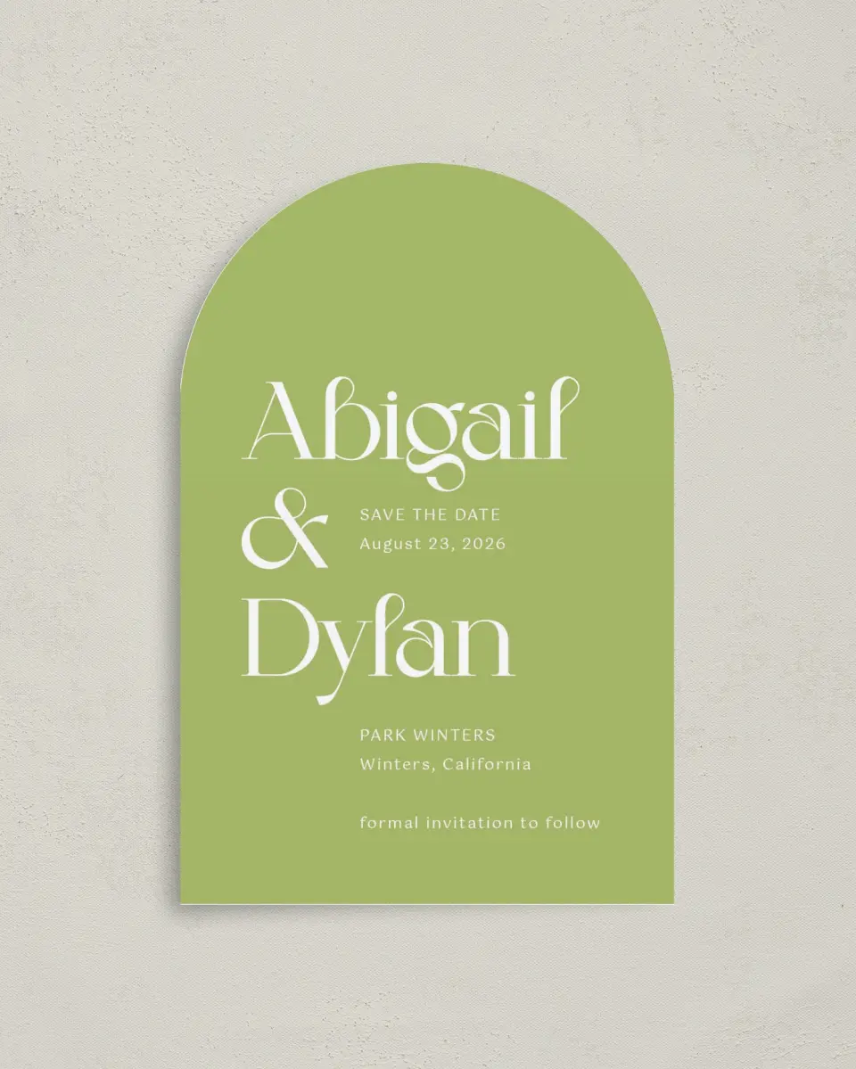 This is a 4" x 6" Arch Save the Dates (Petite) called The Abigail printed in full color on Luxe Satin paper