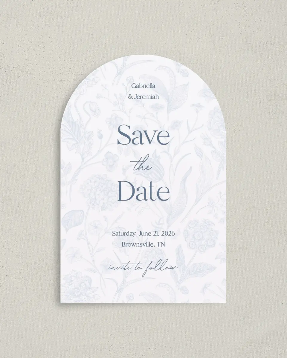 This is a 4" x 6" Arch Save the Dates (Petite) called The Gabriella printed in full color on Luxe Satin paper