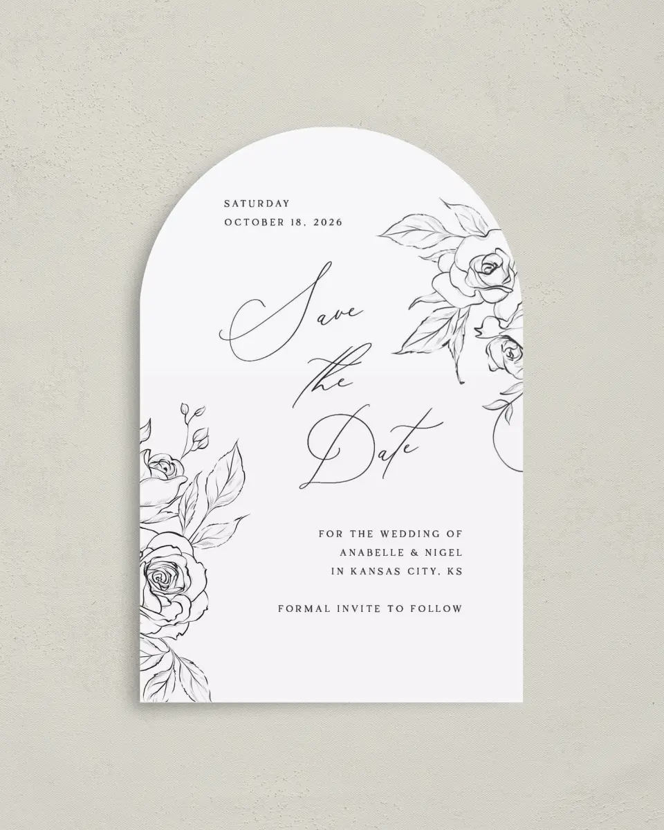 This is a 4" x 6" Arch Save the Dates (Petite) called The Anabelle printed in full color on Luxe Satin paper