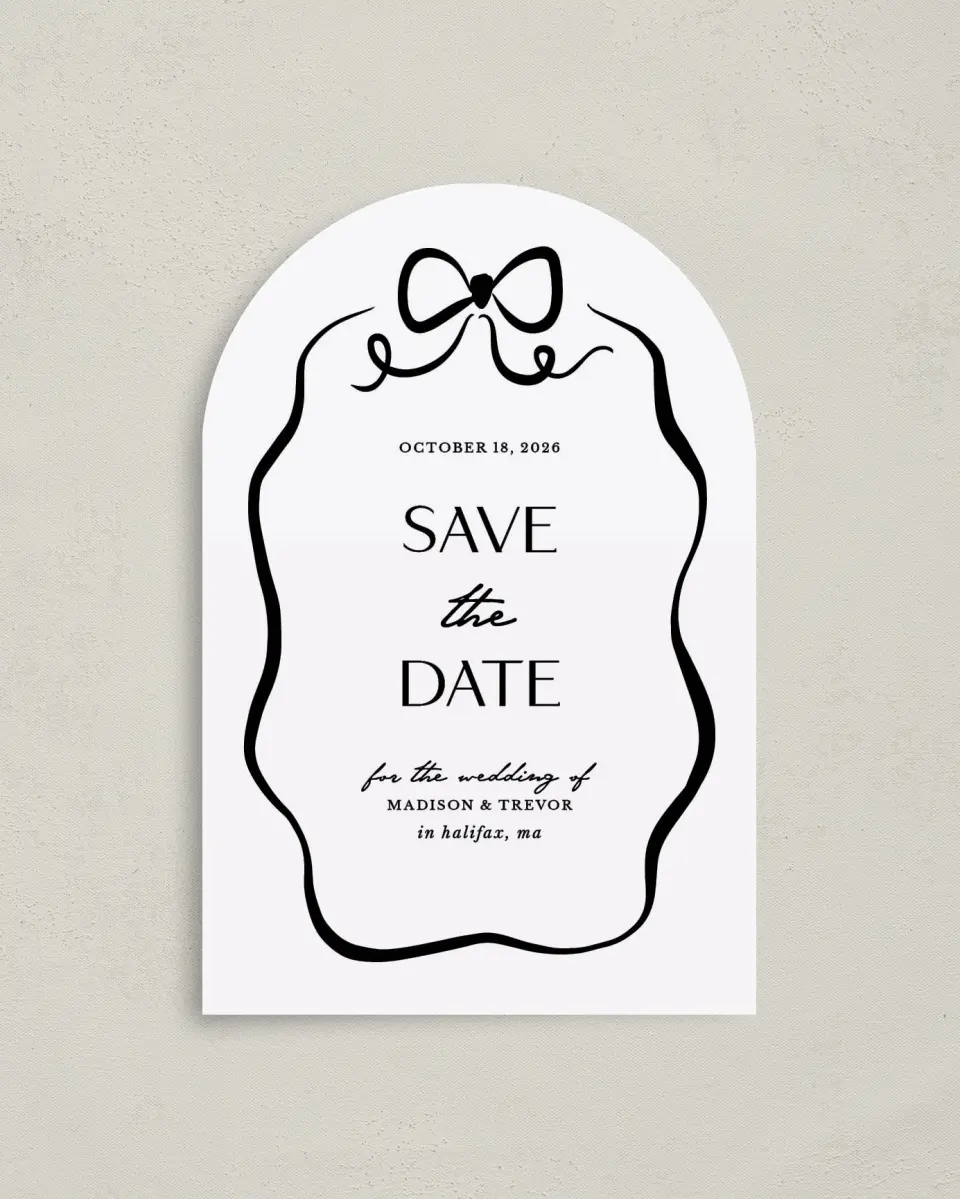 This is a 4" x 6" Arch Save the Dates (Petite) called The Madison printed in full color with Gold foil on Luxe Satin paper