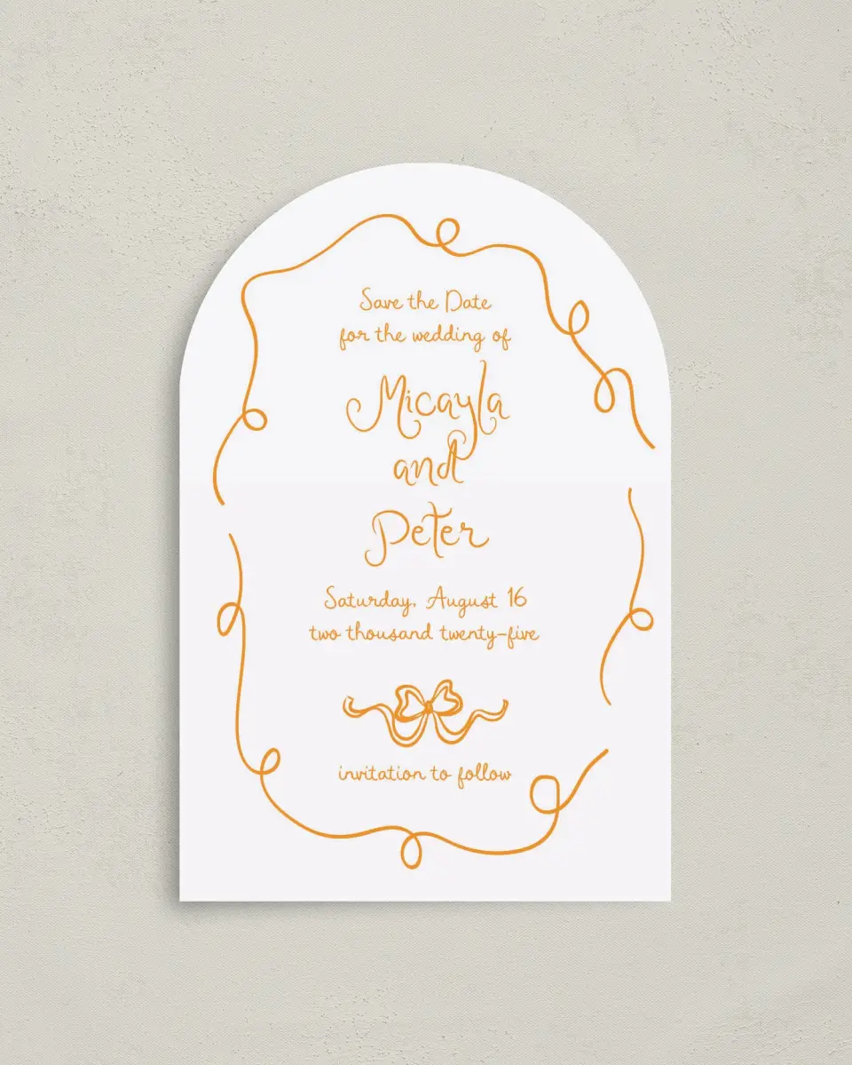 This is a 4" x 6" Arch Save the Dates (Petite) called The Micayla printed in full color on Luxe Satin paper