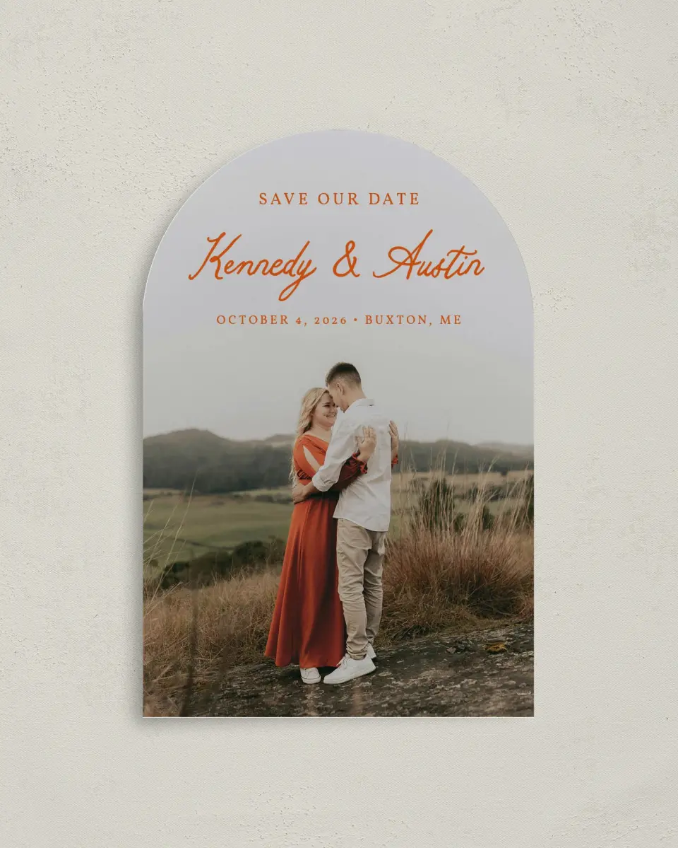 This is a 4" x 6" Arch Save the Dates (Petite) called The Kennedy printed in full color on Luxe Satin paper