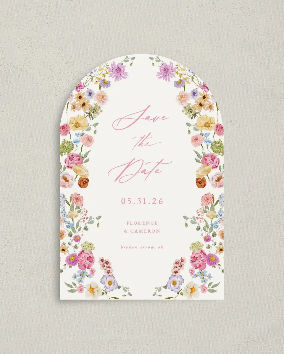 This is a 4" x 6" Arch Save the Dates (Petite) called The Florence printed in full color on Luxe Satin paper