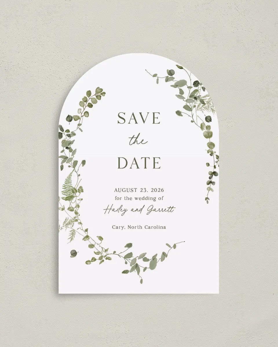 This is a 4" x 6" Arch Save the Dates (Petite) called The Hailey printed in full color on Luxe Satin paper