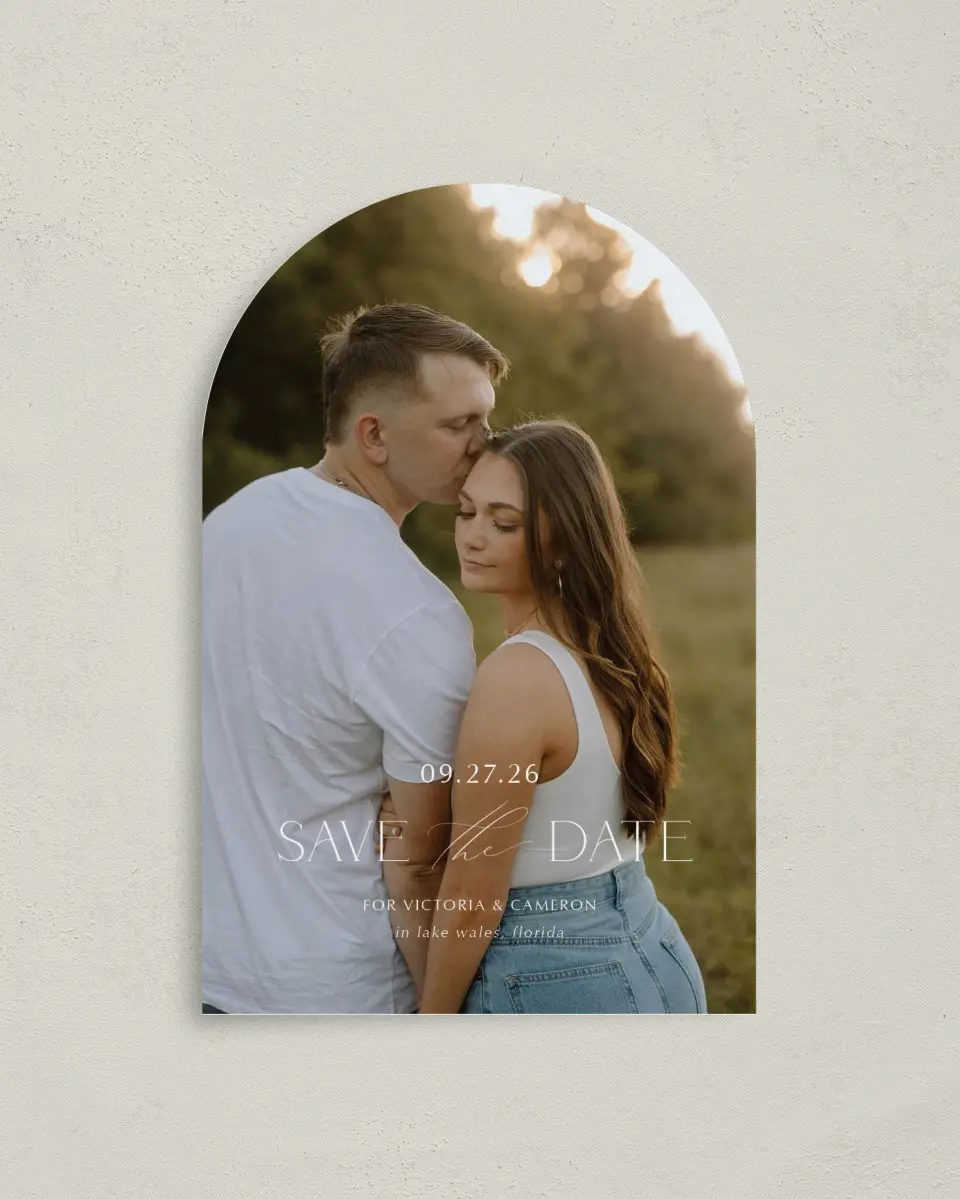 This is a 4" x 6" Arch Save the Dates (Petite) called The Victoria printed in full color on Luxe Satin paper