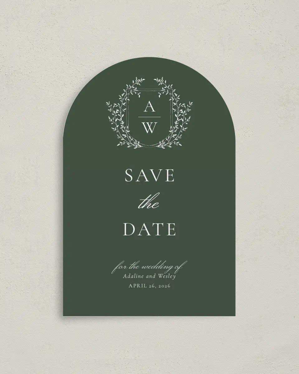This is a 4" x 6" Arch Save the Dates (Petite) called The Adaline printed in full color on Luxe Satin paper