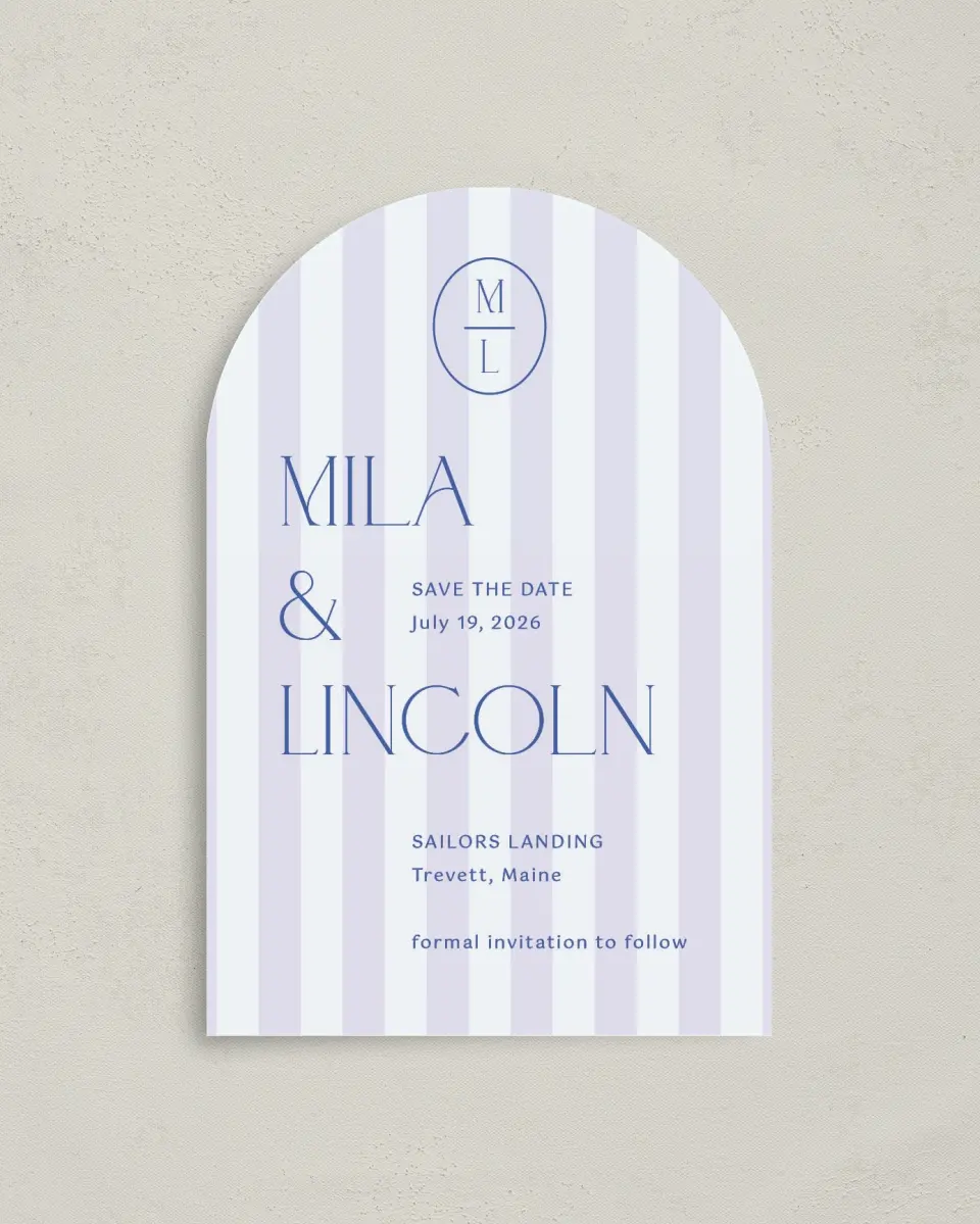 This is a 4" x 6" Arch Save the Dates (Petite) called The Mila printed in full color on Luxe Satin paper