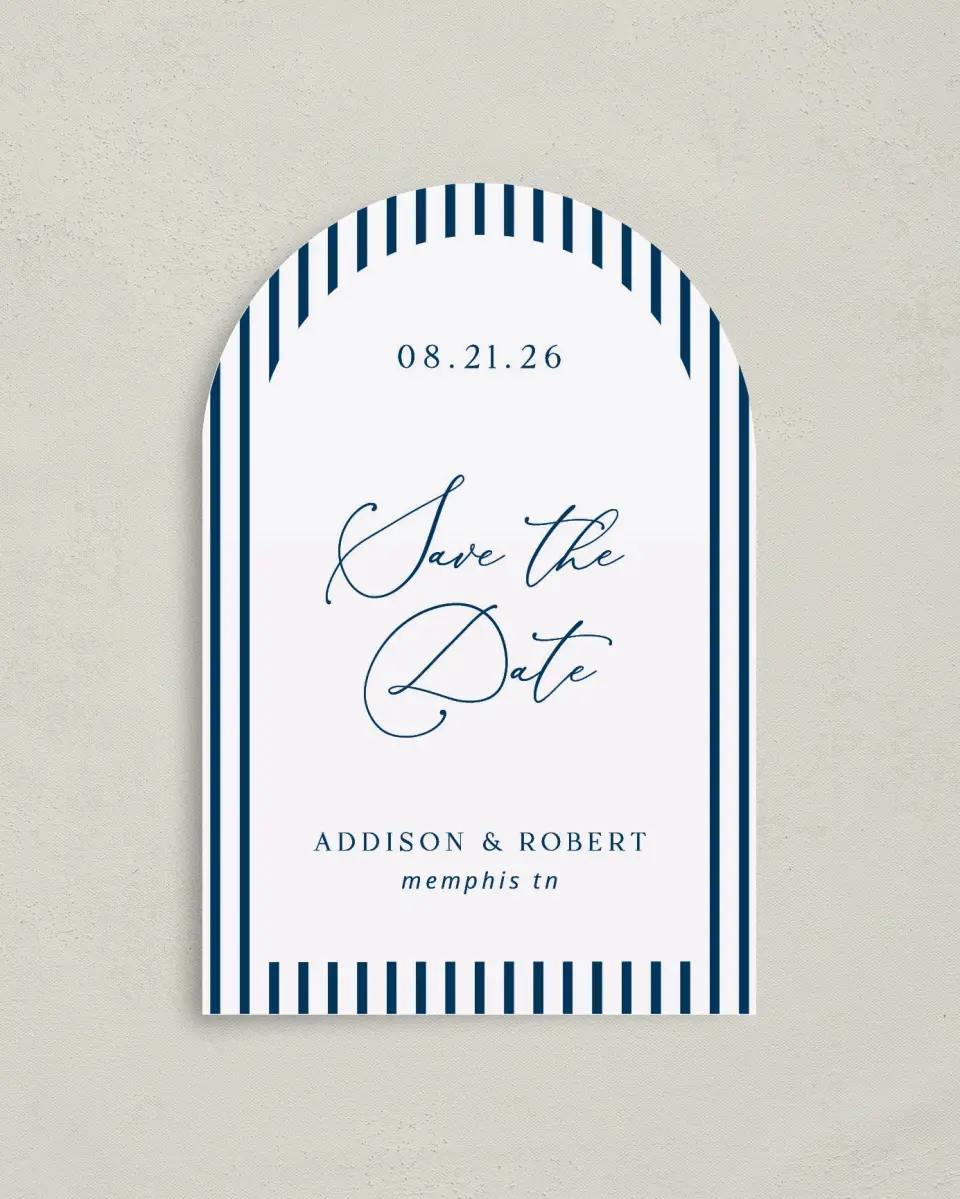 This is a 4" x 6" Arch Save the Dates (Petite) called The Addison printed in full color on Luxe Satin paper