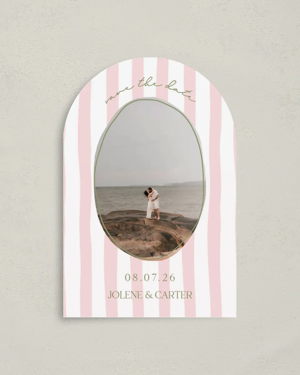 This is a 4" x 6" Arch Save the Dates (Petite) called The Jolene printed in full color on Luxe Satin paper