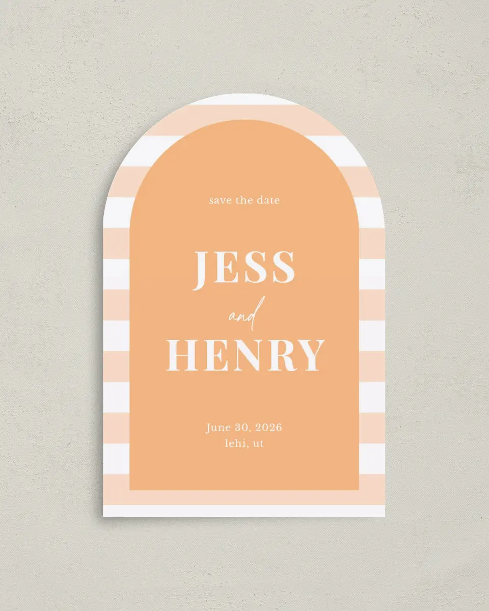 This is a 4" x 6" Arch Save the Dates (Petite) called The Jess printed in full color on Luxe Satin paper
