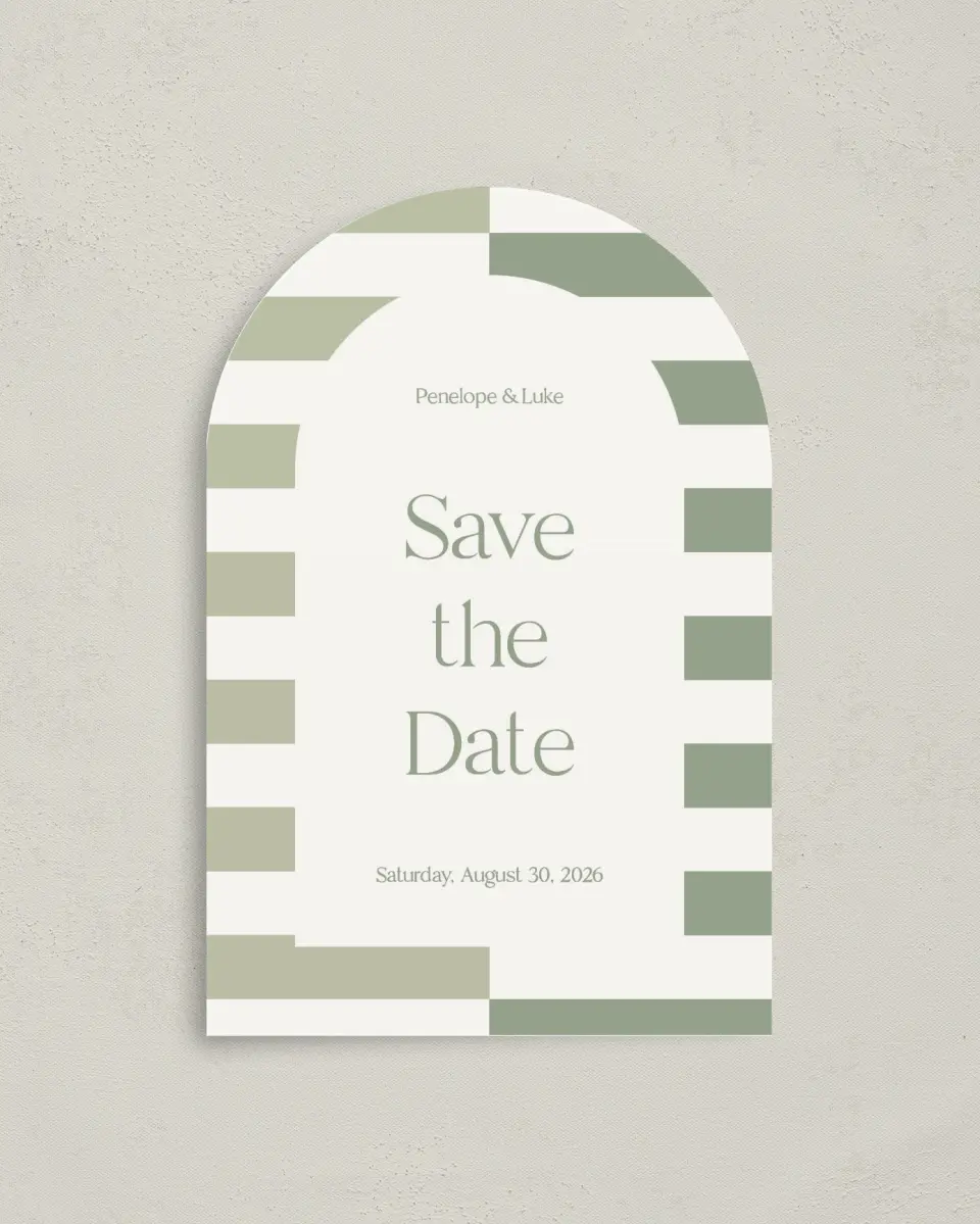 This is a 4" x 6" Arch Save the Dates (Petite) called The Penelope printed in full color on Luxe Satin paper